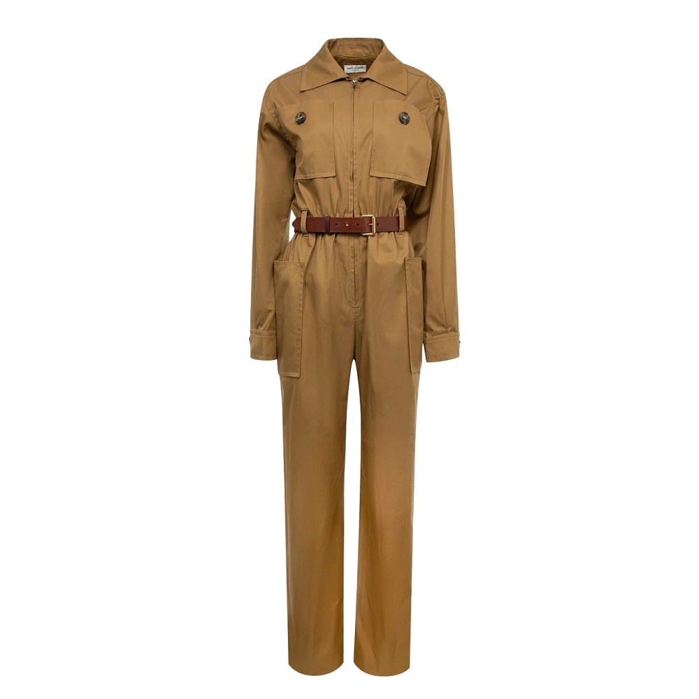 Saint Laurent Belted Cotton Jumpsuit Brown Dames
