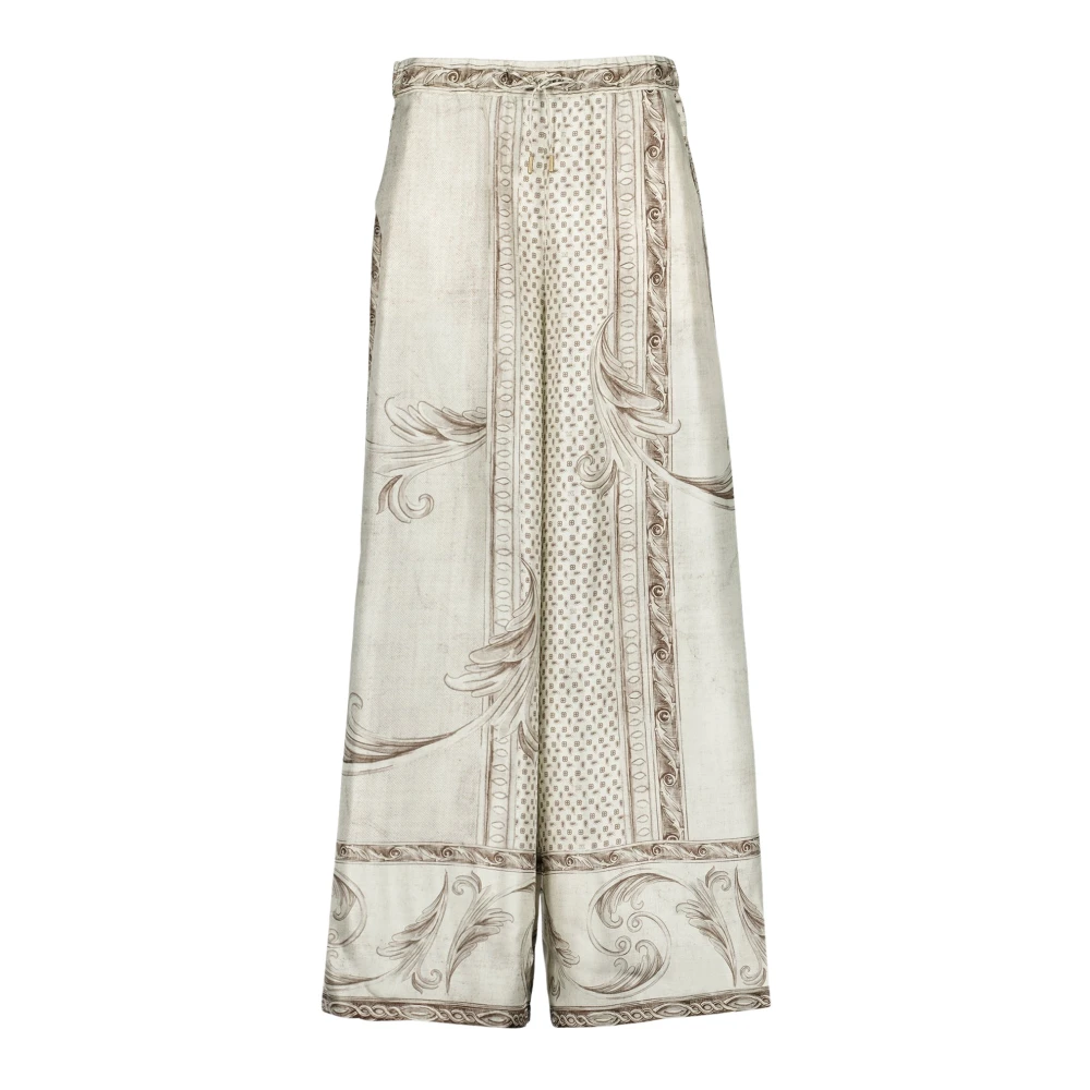 Max Mara Women's Beige Printed Silk Trousers - Wide Trousers - Xs - Trousers