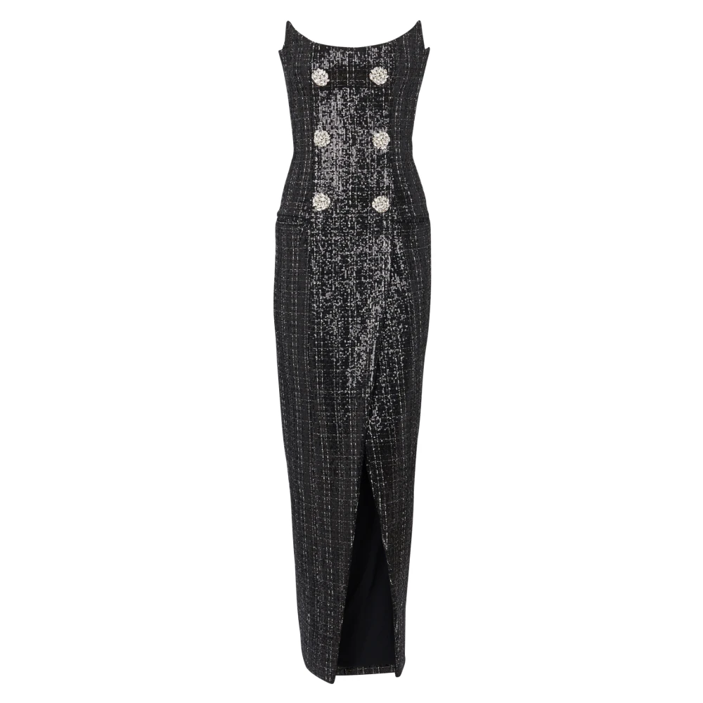 Balmain Strapless Lange Tweed Jurk met Glitter Black Dames