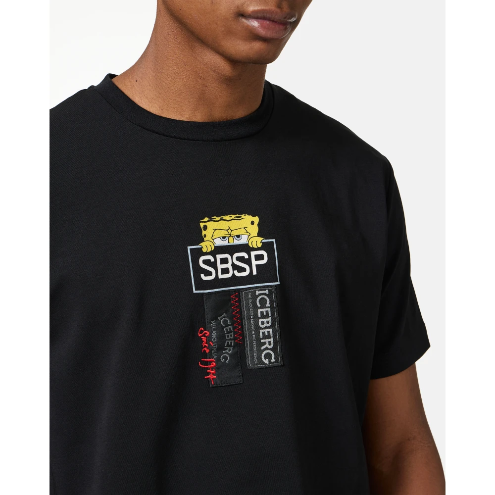 Iceberg Zwarte stretch katoenen T-shirt met Spongebob print Black Heren