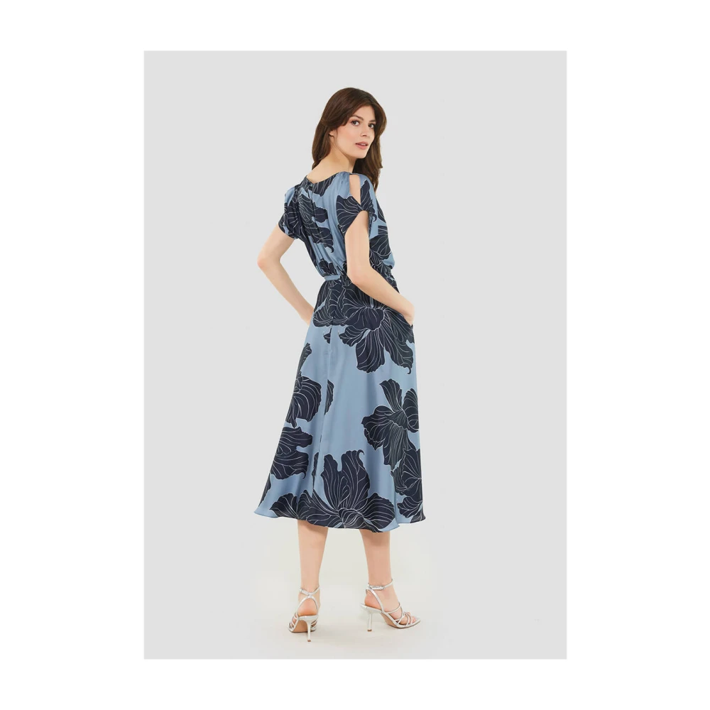 Swing Satijnen Bloemenprint Midi Jurk Blue Dames