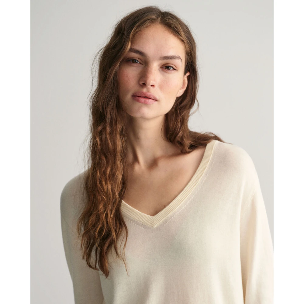 Gant Katoen Modal V-Hals Trui Beige Dames