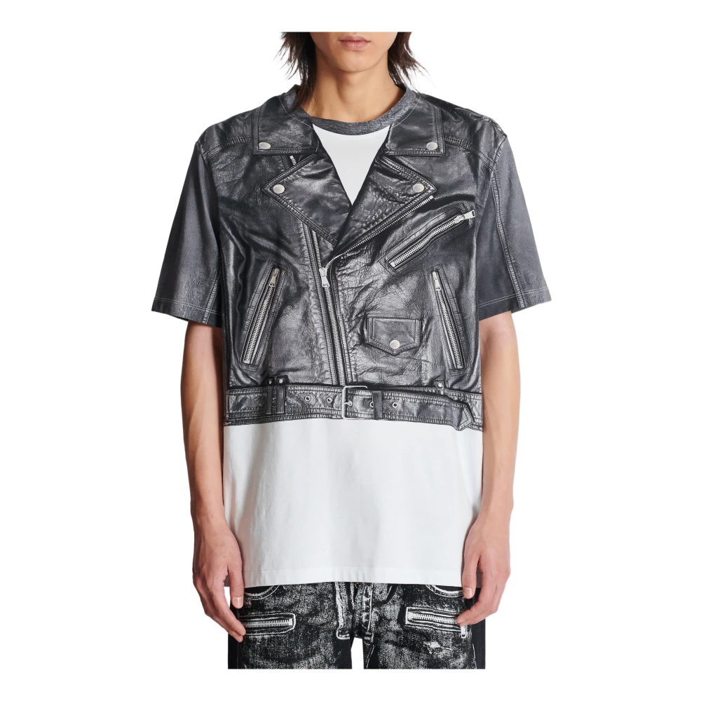 Balmain T-shirt met Biker Jacket Print Black Heren