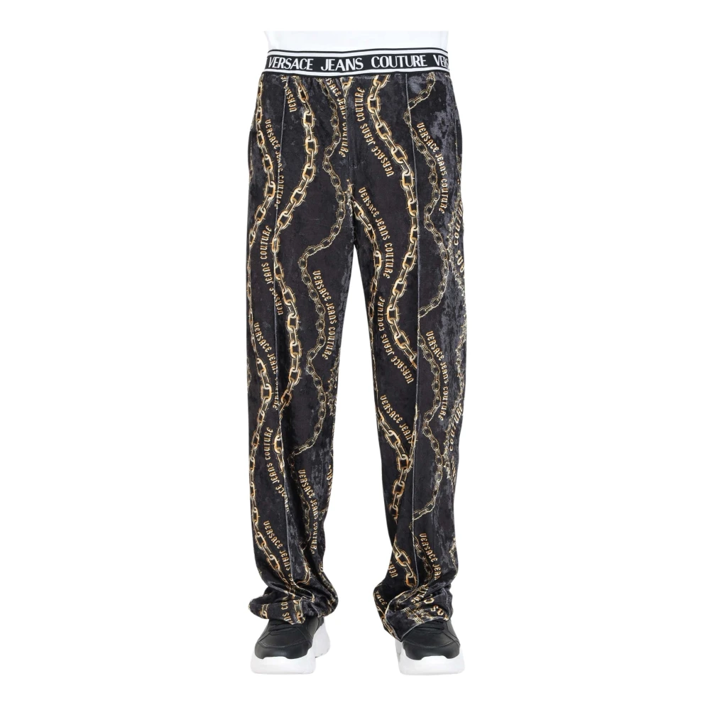Versace Jeans Couture Zwarte Fluwelen Sportbroek met Chromo Couture Print Multicolor Heren