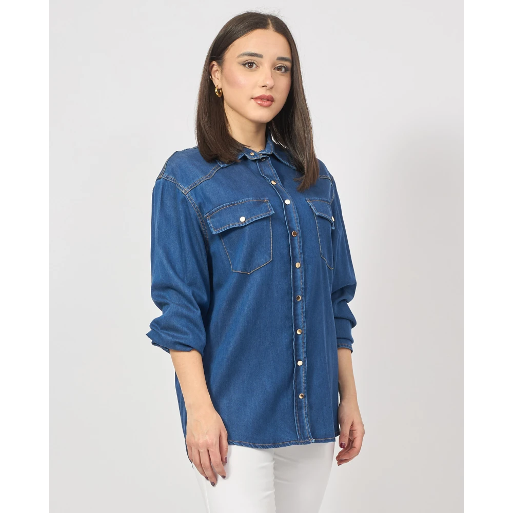 Fracomina Blauwe Denim Regular Shirt met 3 4 Mouwen Blue Dames