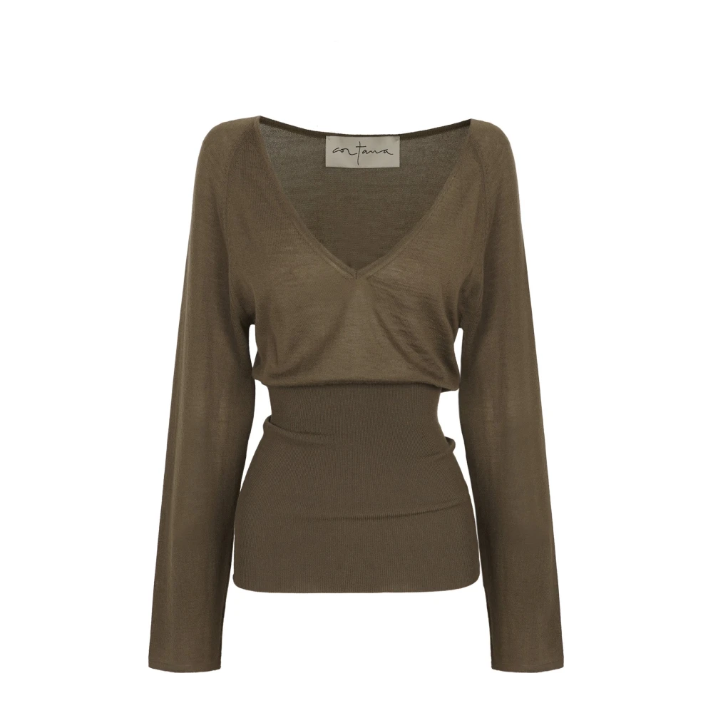 Cortana V-hals Kasjmier Top in Khaki Green Dames