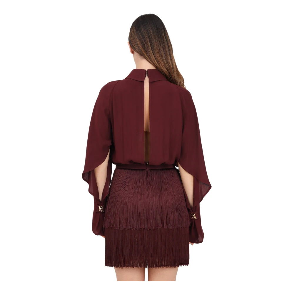 Elisabetta Franchi Bordeaux franje jurk met metalen riem Red Dames