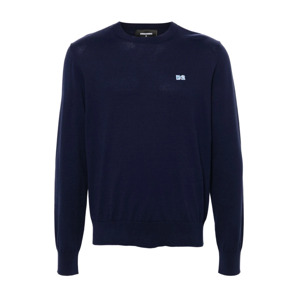 Dsquared2 Men's Blue Navy Wool Jumper With Logo Patch - Round-Neck Knitwear - L - Knitwear