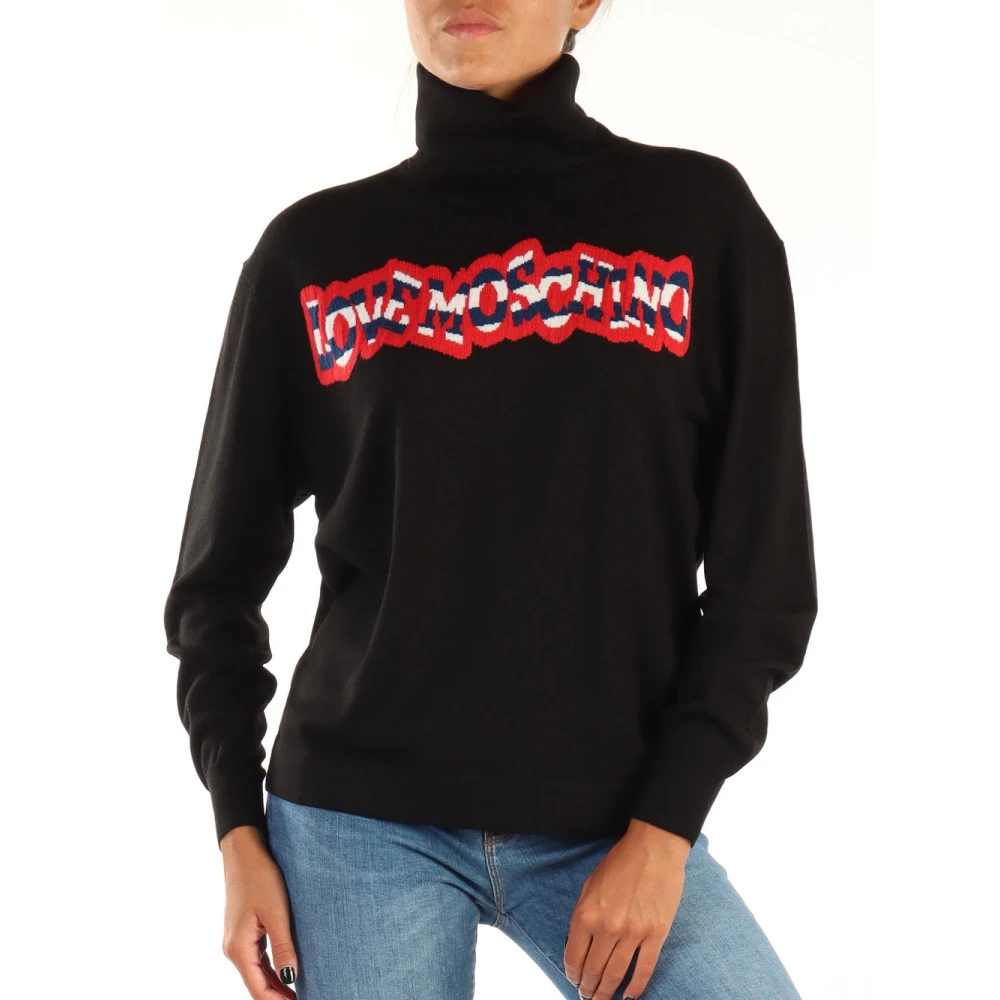Love Moschino Zwarte Sweaters met hoge kraag en logo print Black Dames