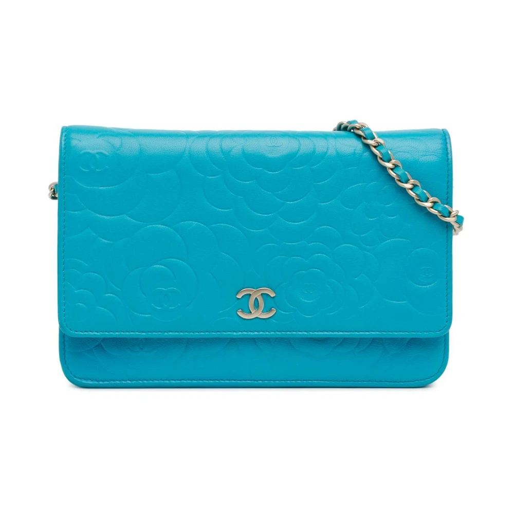 Chanel Vintage Women's Blue Vintage Cross Body Bags, One Size, Pre-Owned Woc Camellia Flower Leather Wallet