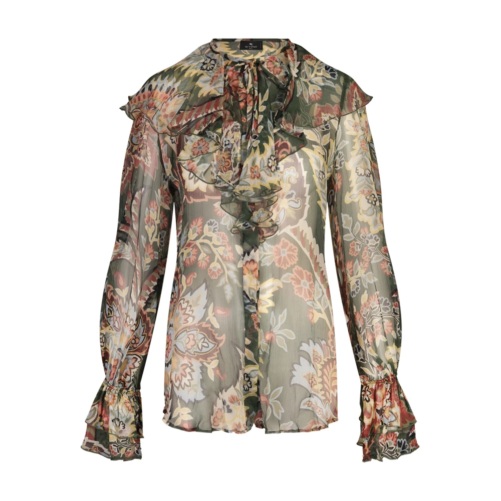 ETRO Groene Zijden Bedrukte Blouse Met Ruches Multicolor Dames
