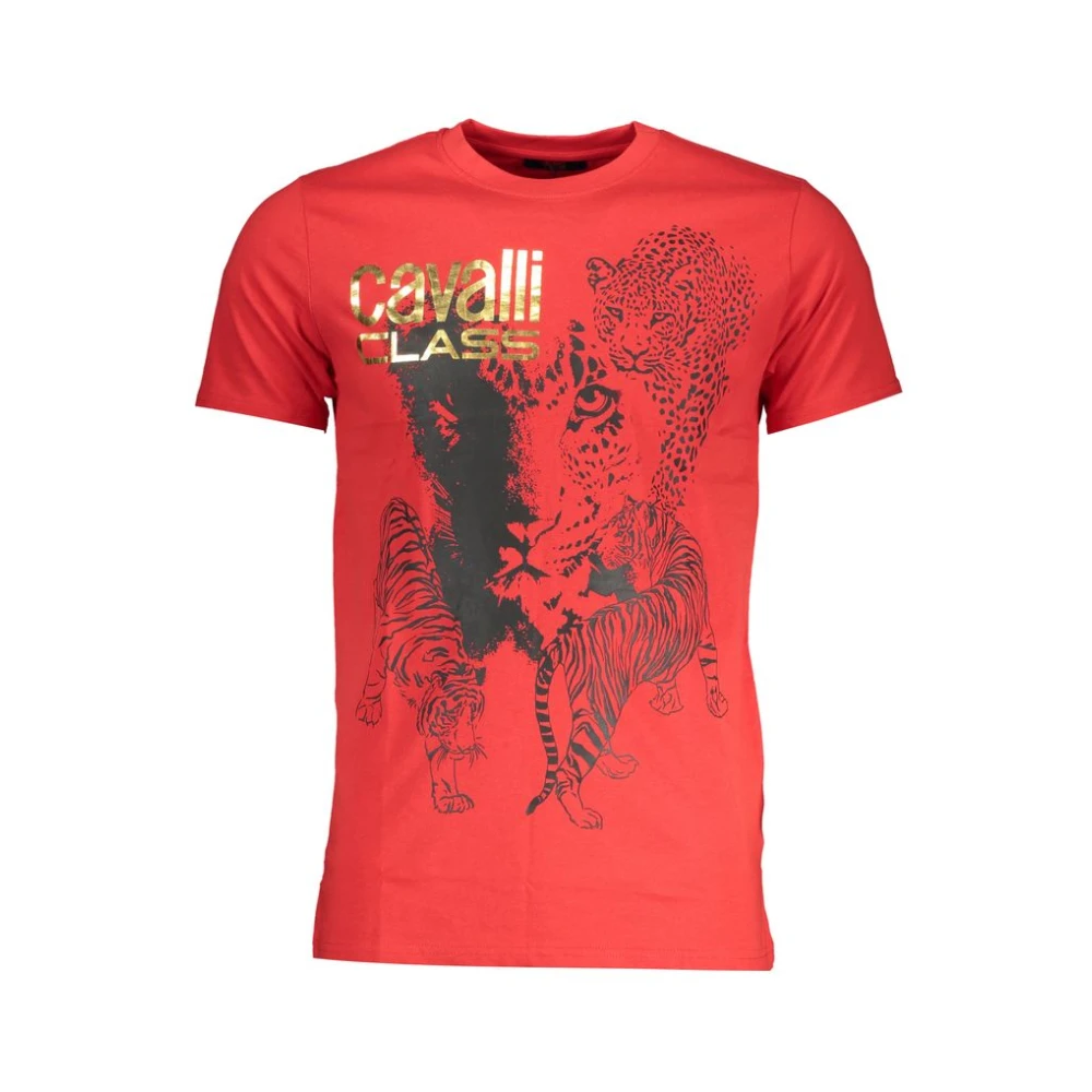 Cavalli Class Print Logo Round Neck T-Shirt - Male - T-Shirts - Red - L - Tops