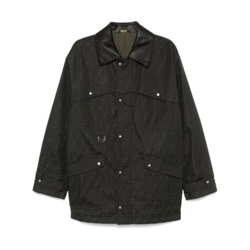 Fendi Gewaxte Jacquard Motief Jas Black Heren