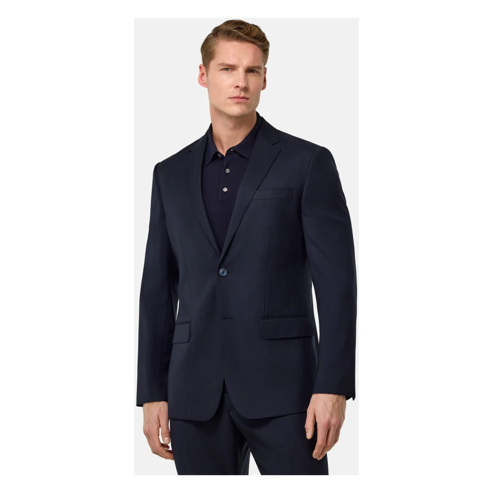 Boggi Milano Micro Herringbone Suit in Stretch Pure Wool Blue Heren