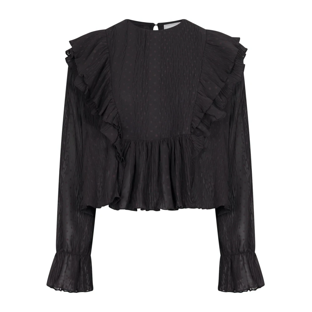 NEO NOIR Plissé blouse met volume en ruche Black Dames