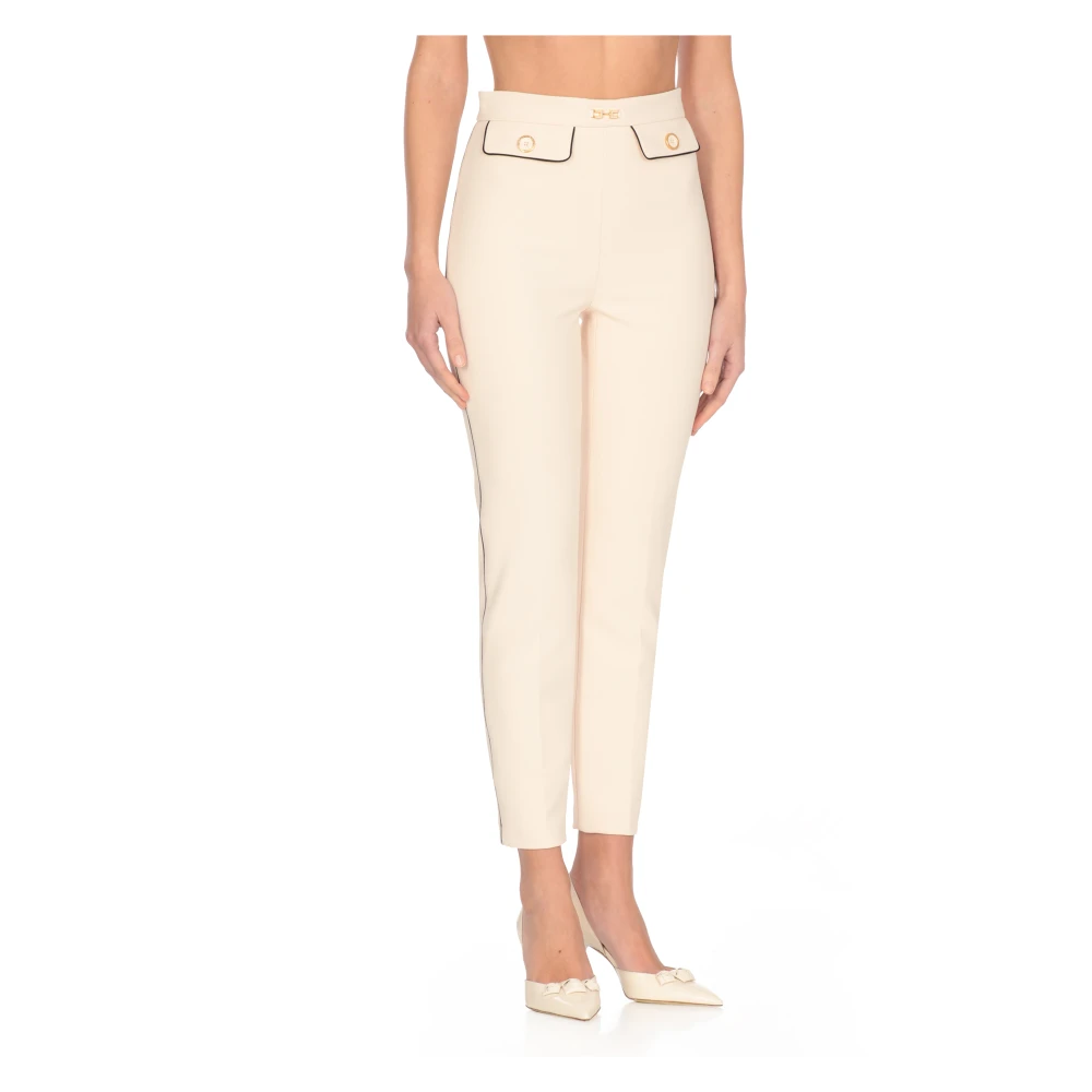 Elisabetta Franchi Ivoor Crêpe Broek met Logoknoppen Beige Dames