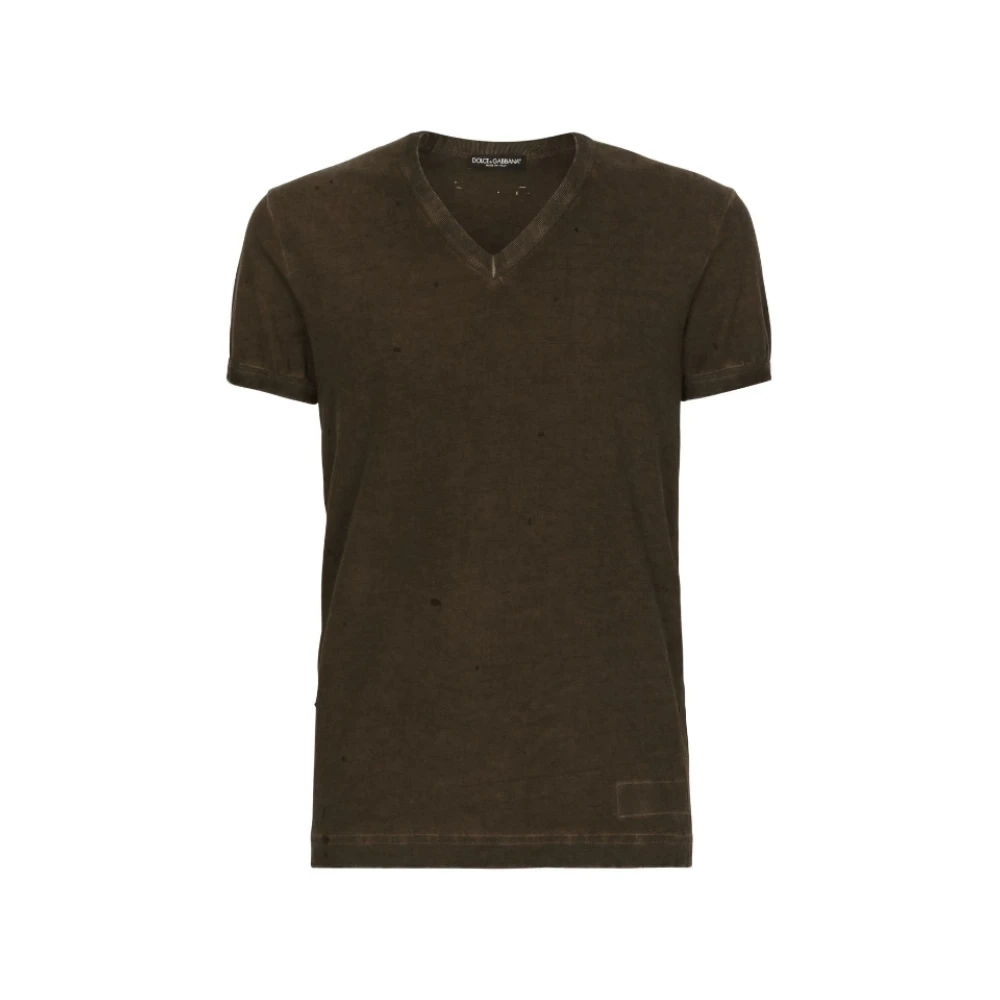 Dolce & Gabbana Donkergroen Punched-Holes Katoenen T-Shirt Brown Heren
