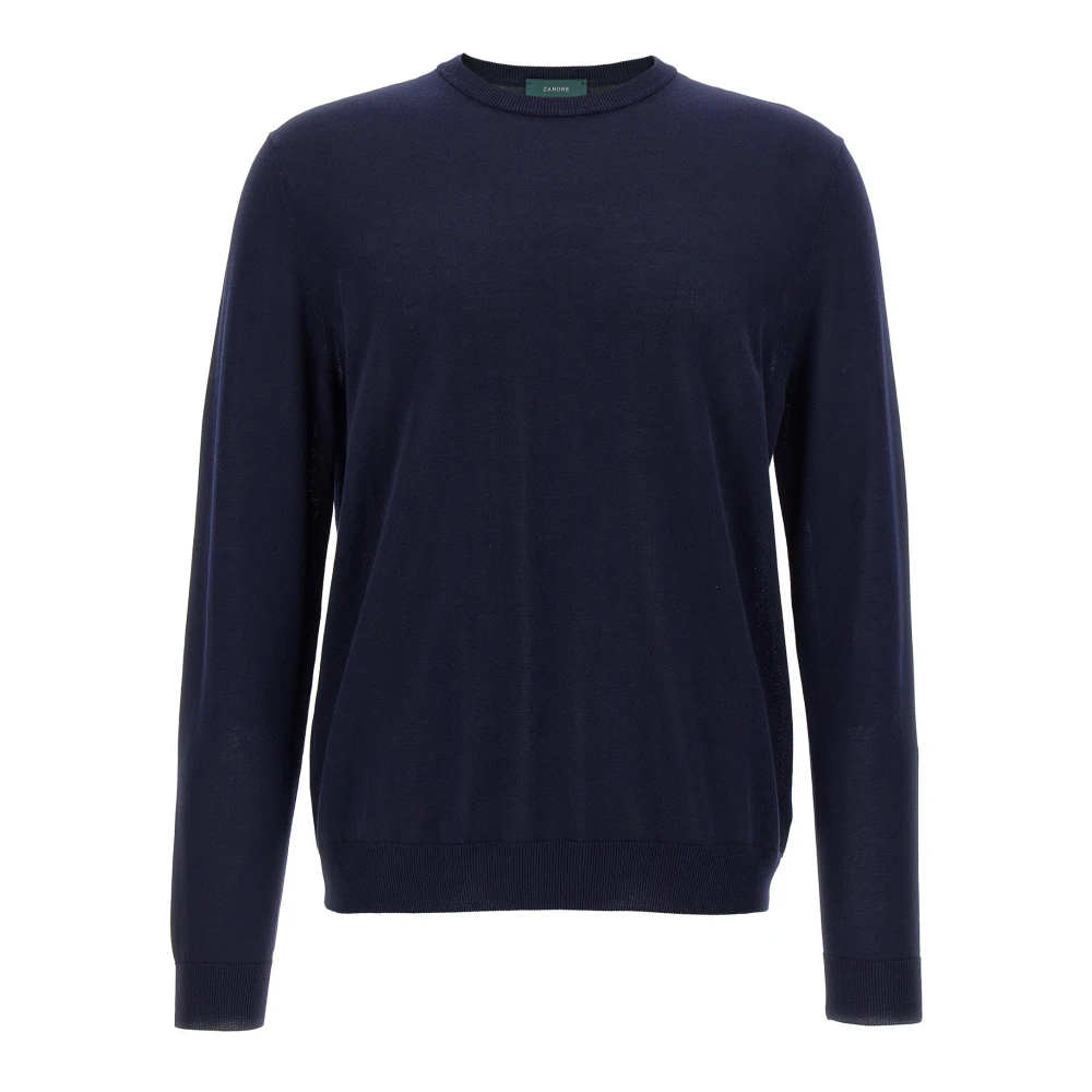 Zanone Mannelijk Blauw Slim-Fit Katoen Crêpe Trui Met Ronde Hals