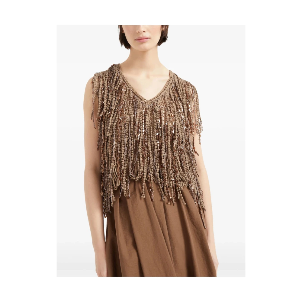 BRUNELLO CUCINELLI Bruine Pailletten V-hals Mouwloze Trui Brown Dames
