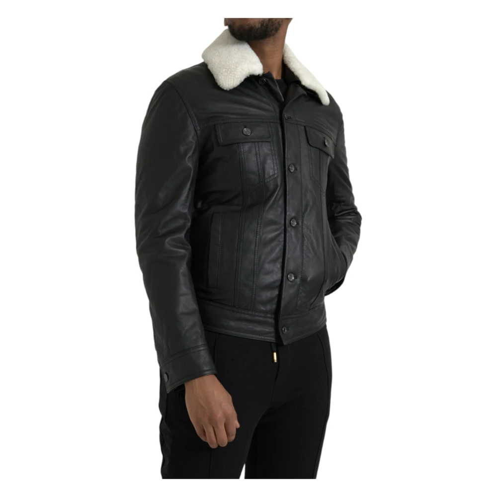 Dolce & Gabbana Men's Black Leather Fur Collar Biker Jacket