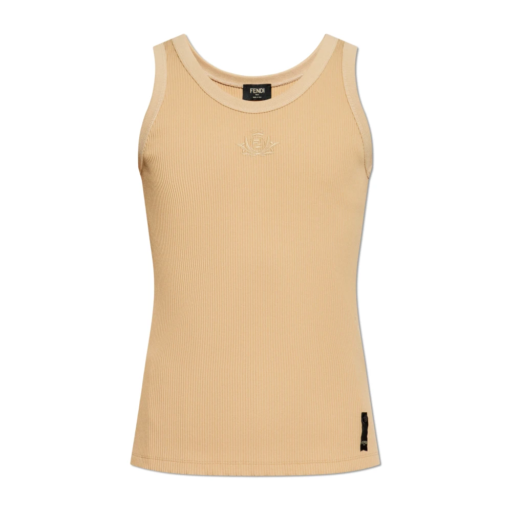 Fendi Mannelijk Beige Tops Heren, L, Ribgebreide Tanktop Met Ronde Hals En Crest