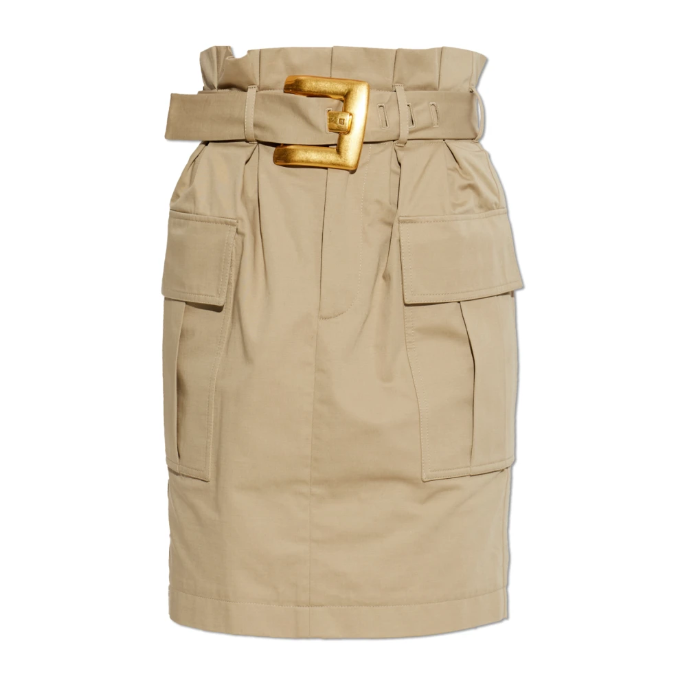 Balmain Beige Belted Cotton-Gabardine Mini Skirt - Female - Short Skirts - M - Skirts