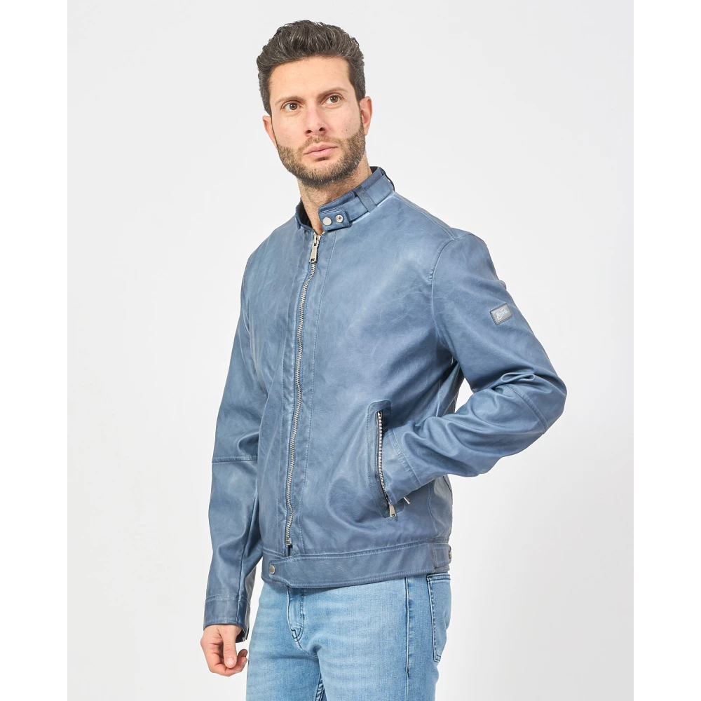 YES ZEE Blauwe Leren Fullzip Jas Blue Heren