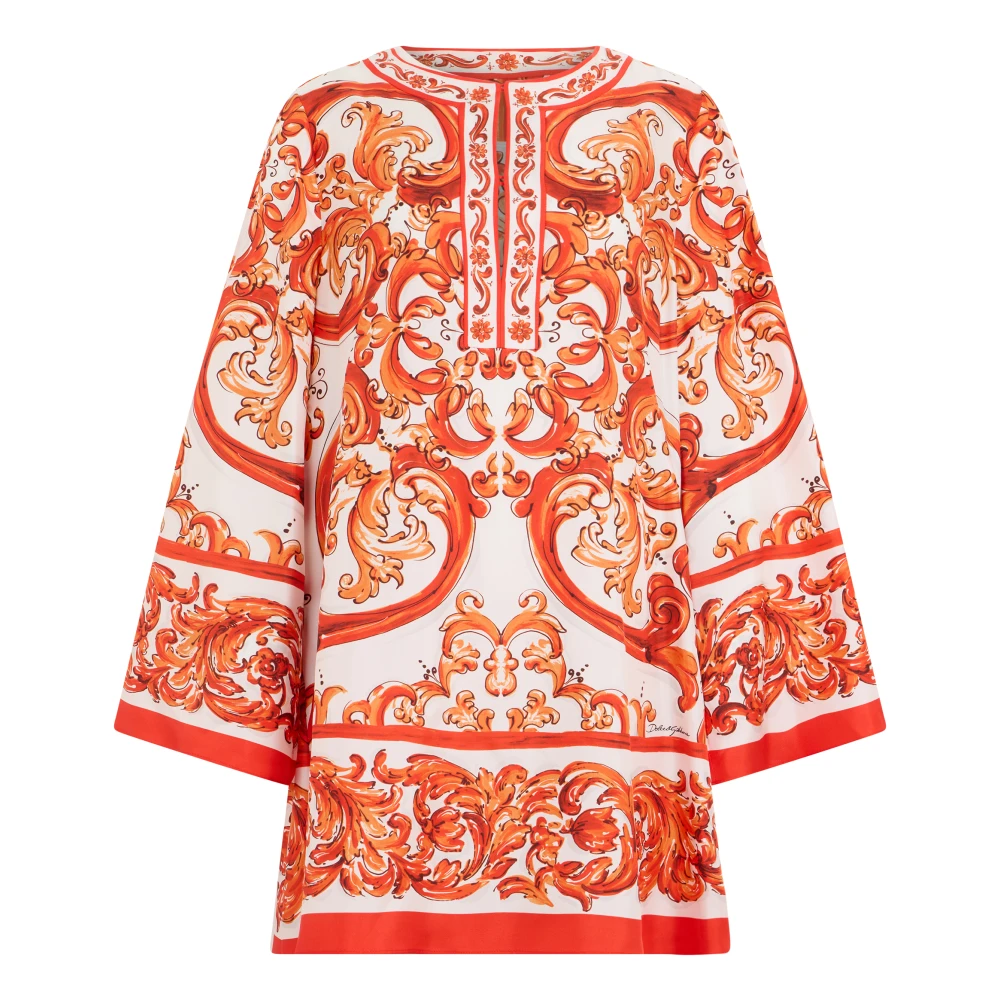 Dolce & Gabbana , Short Dresses, Female, Multicolor, Xl, Silk Twill Caftan With Majolica Print