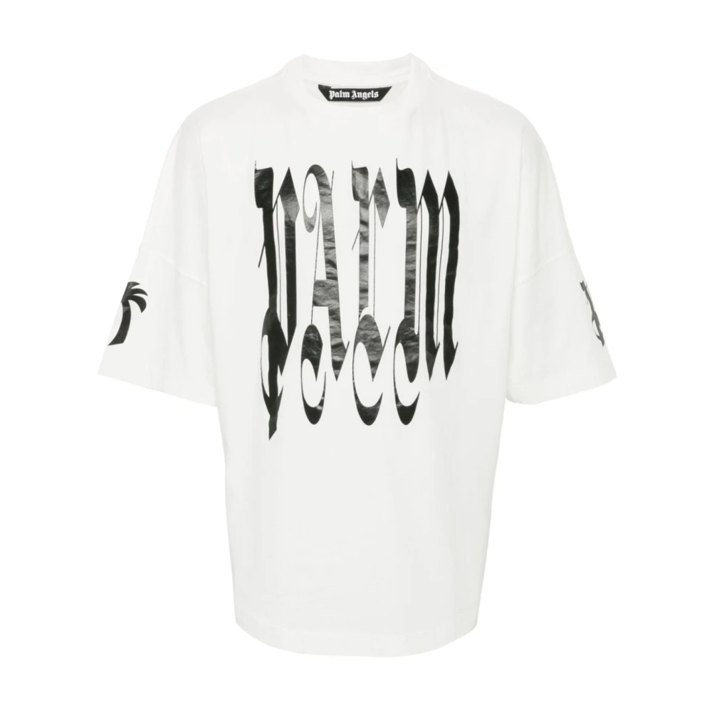 Palm Angels Gothic Print Logo Ronde Hals T-shirts White Heren