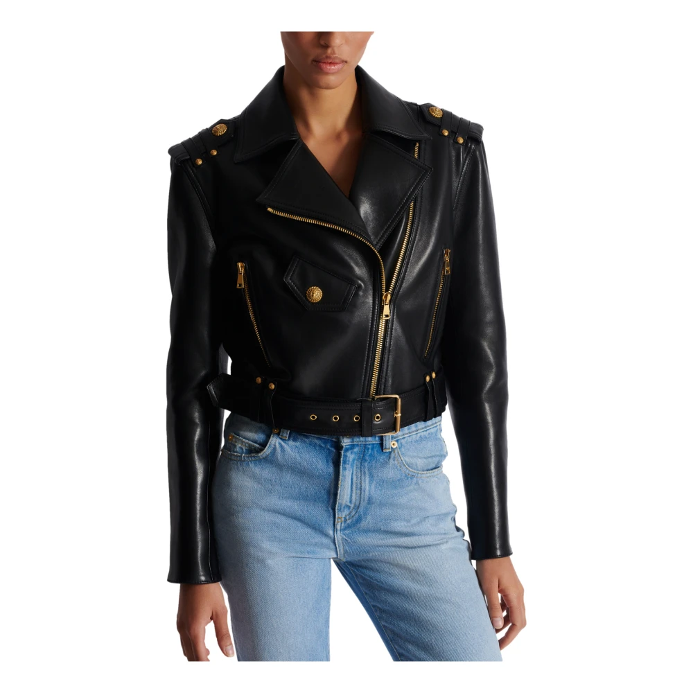 Balmain Leren bikerjack met rits Black Dames