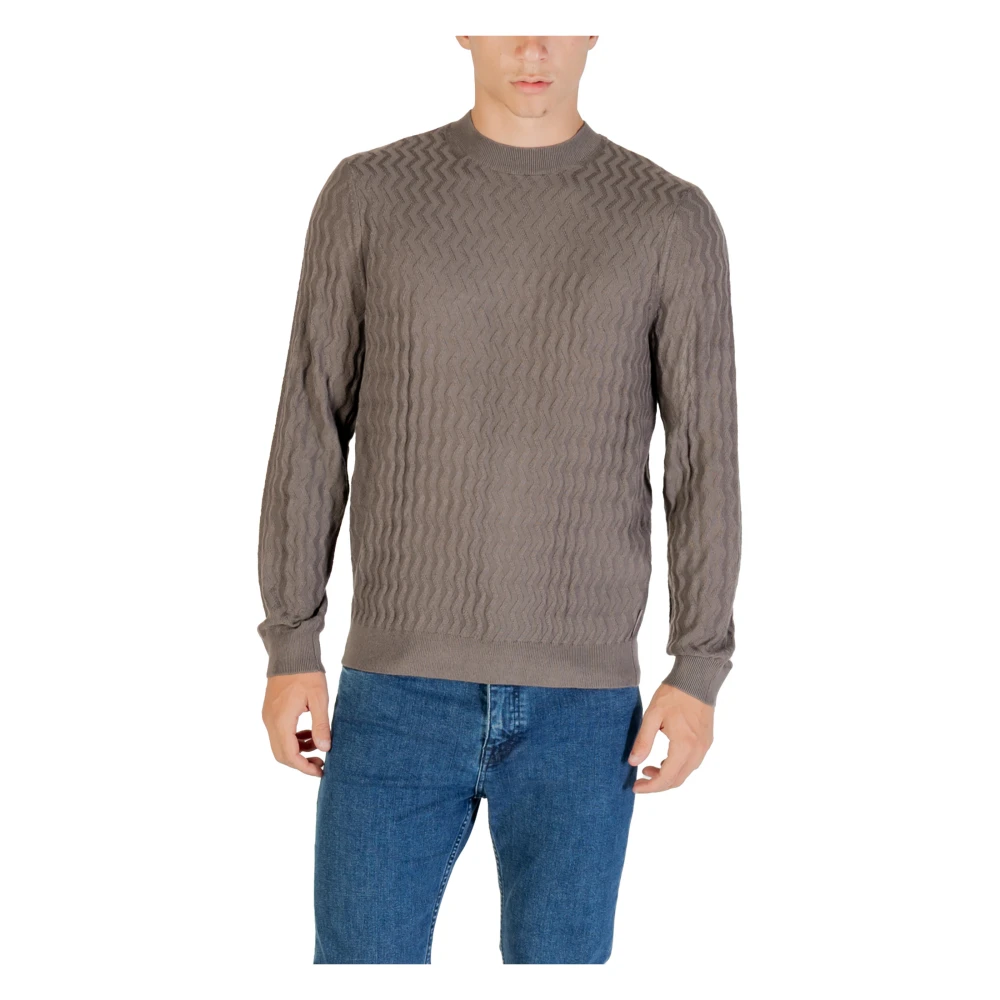 Armani Exchange Men's Brown Wavy Texture Jumper - Round-Neck Knitwear - 2XL - Knitwear