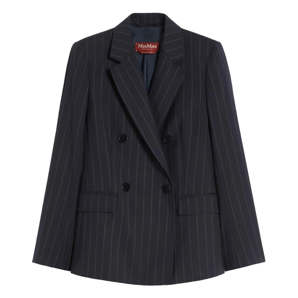 Max Mara Studio Women's Blue Double-Breasted Pinstripe Wool Blazer