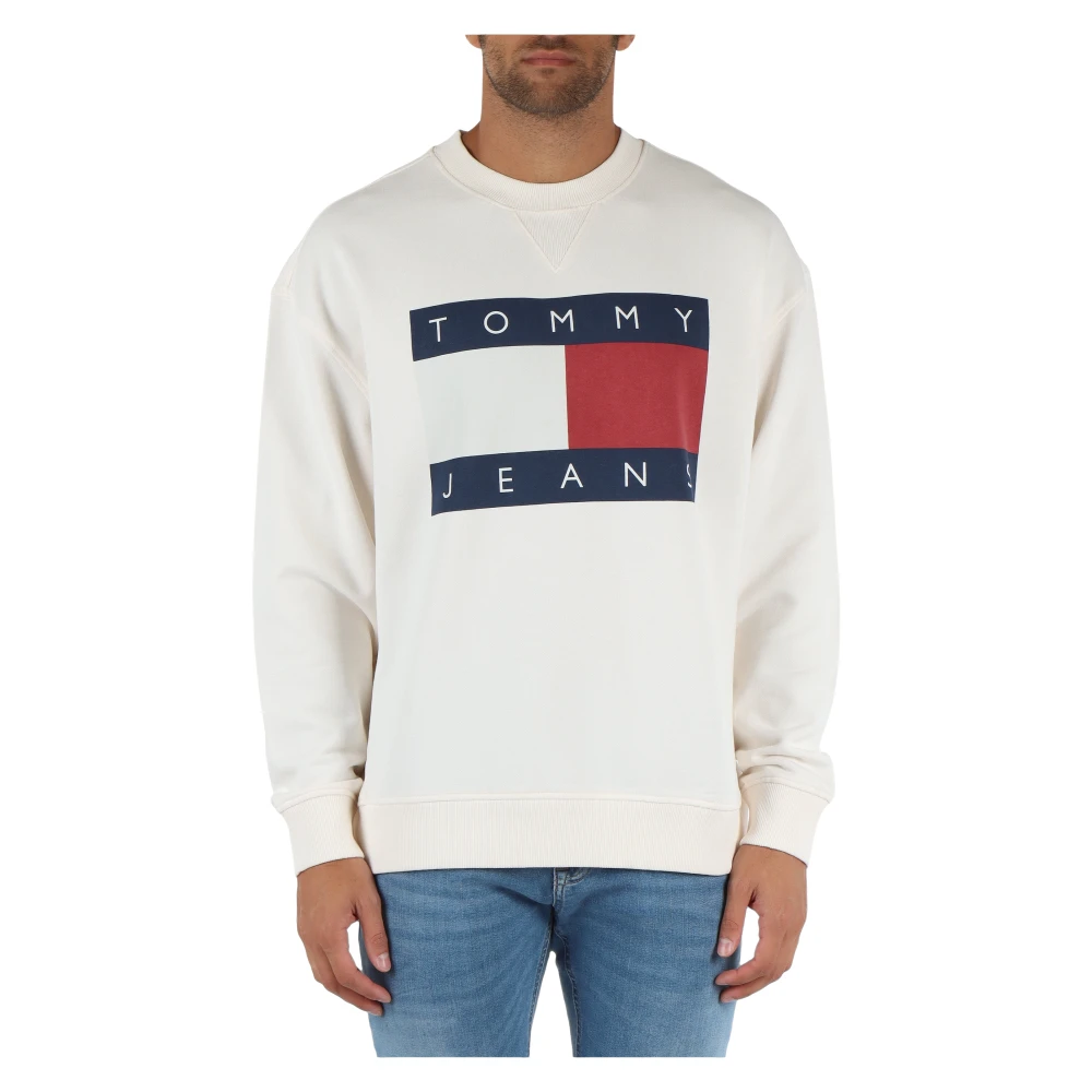 Tommy Jeans Bomullssweatshirt med frontlogo tryck White, Herr