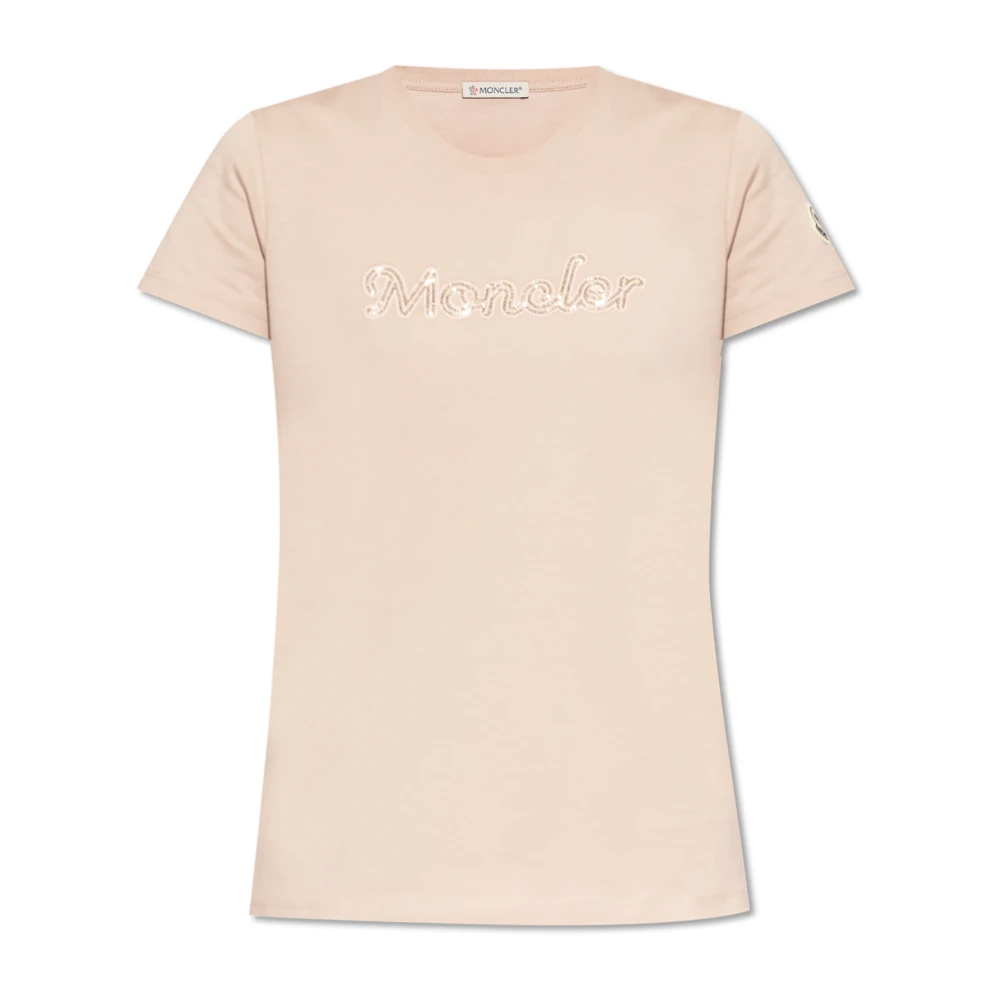 Moncler Roze Logo Geborduurd T-shirt Vrouw Katoen Pink Dames