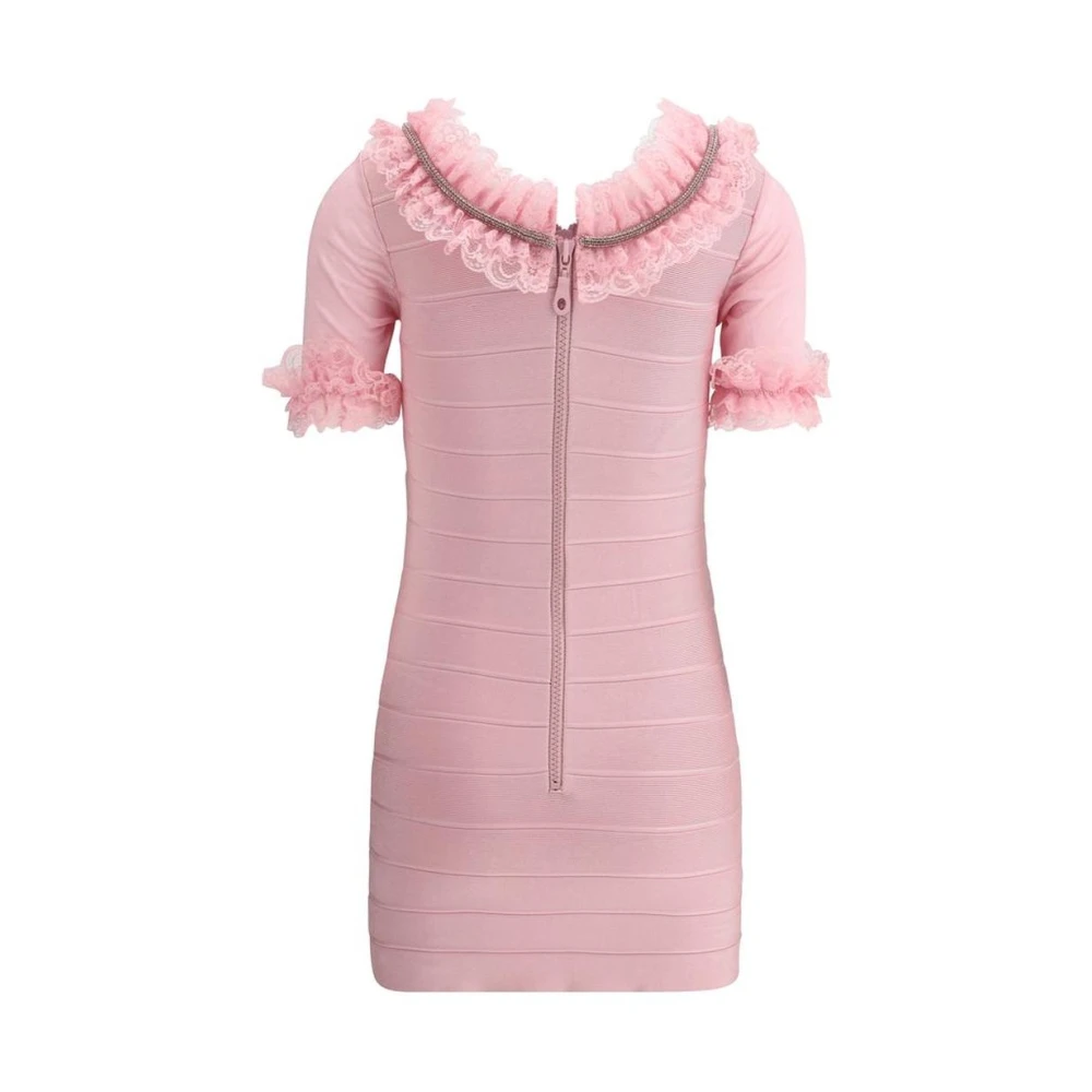 Self Portrait Ruffle Knit Mini Jurk met Kantafwerking Pink Dames