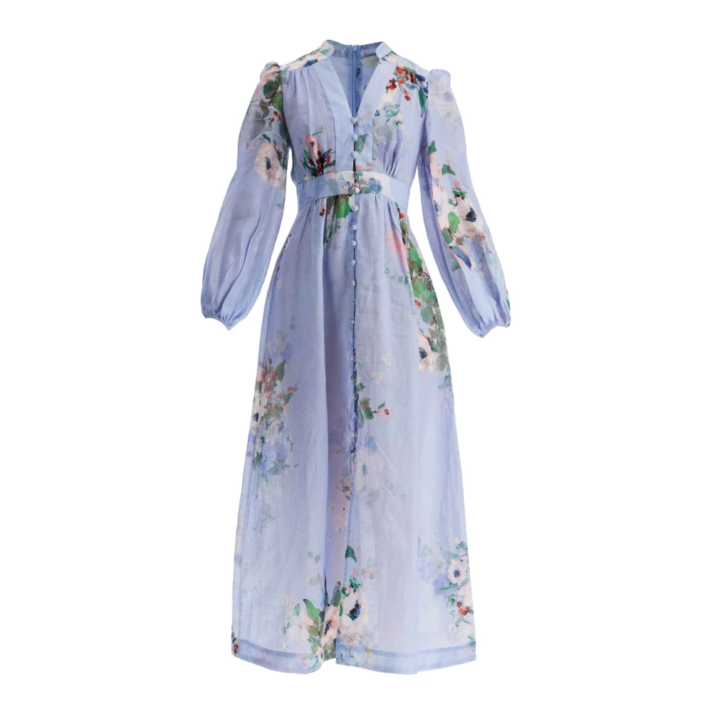 Zimmermann Blauwe Bloemen Plunge Midi Jurk Blue Dames