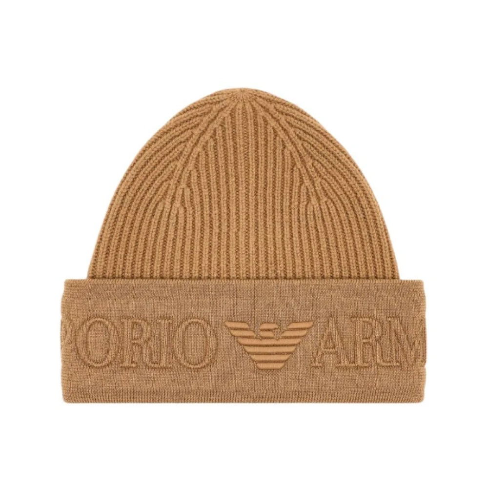 Emporio Armani Unisex Brown Wool Beanie With Logo Brim - Accessories - M - Accessories