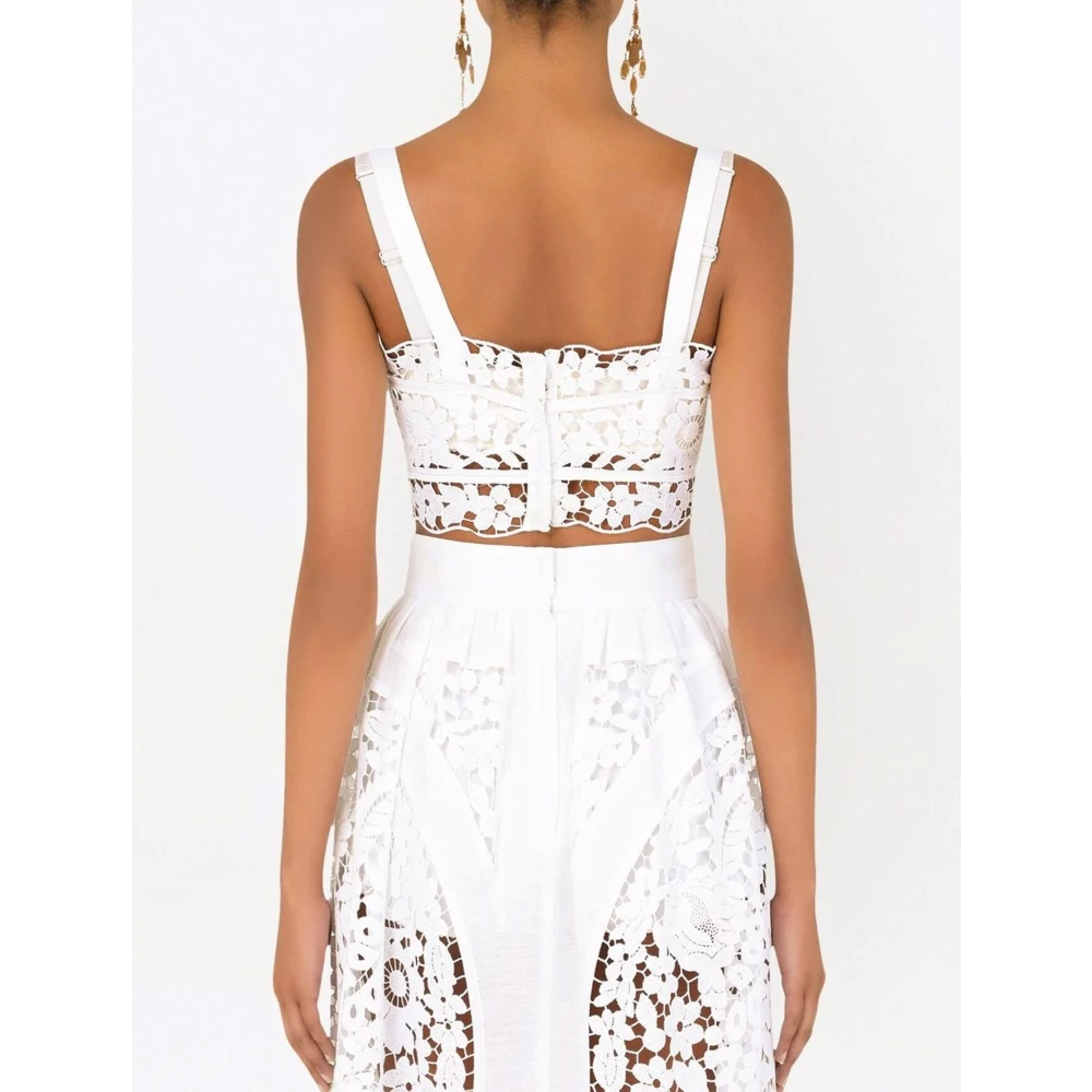 Dolce & Gabbana Witte Kant Hart Hals Crop Top White Dames