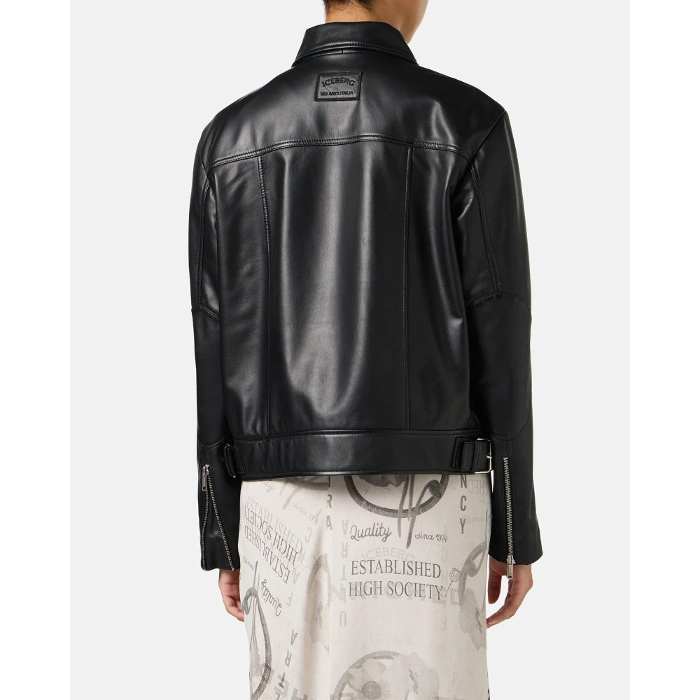 Iceberg Zwarte leren jas met biker details Milano Italia logo Black Dames