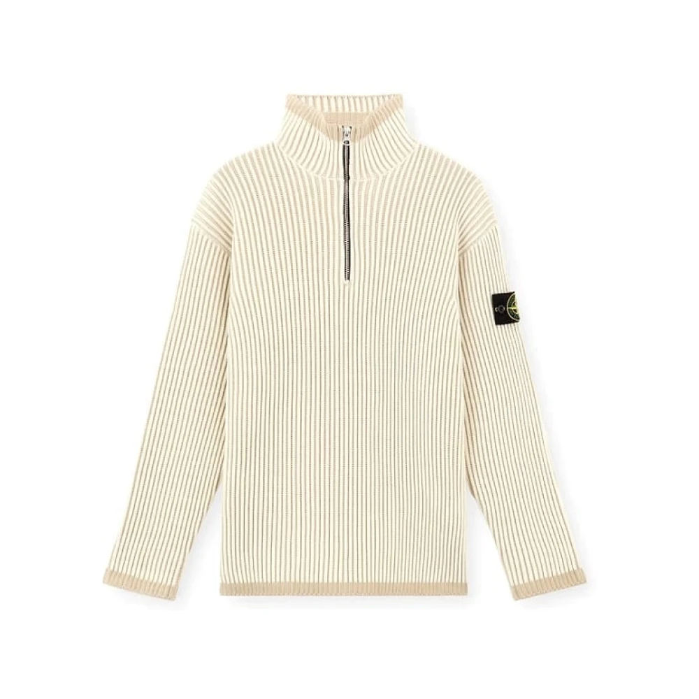 Stone Island Geribbelde Wol Half Zip Trui Beige Heren