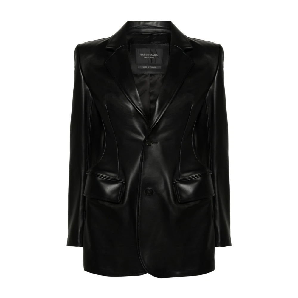 Balenciaga Zwarte leren jas met inkeping revers Black Dames