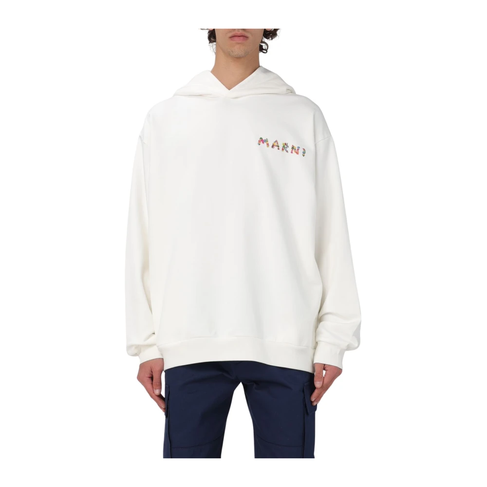 Marni Witte Bloemen Logo Hoodie Sweater White Heren