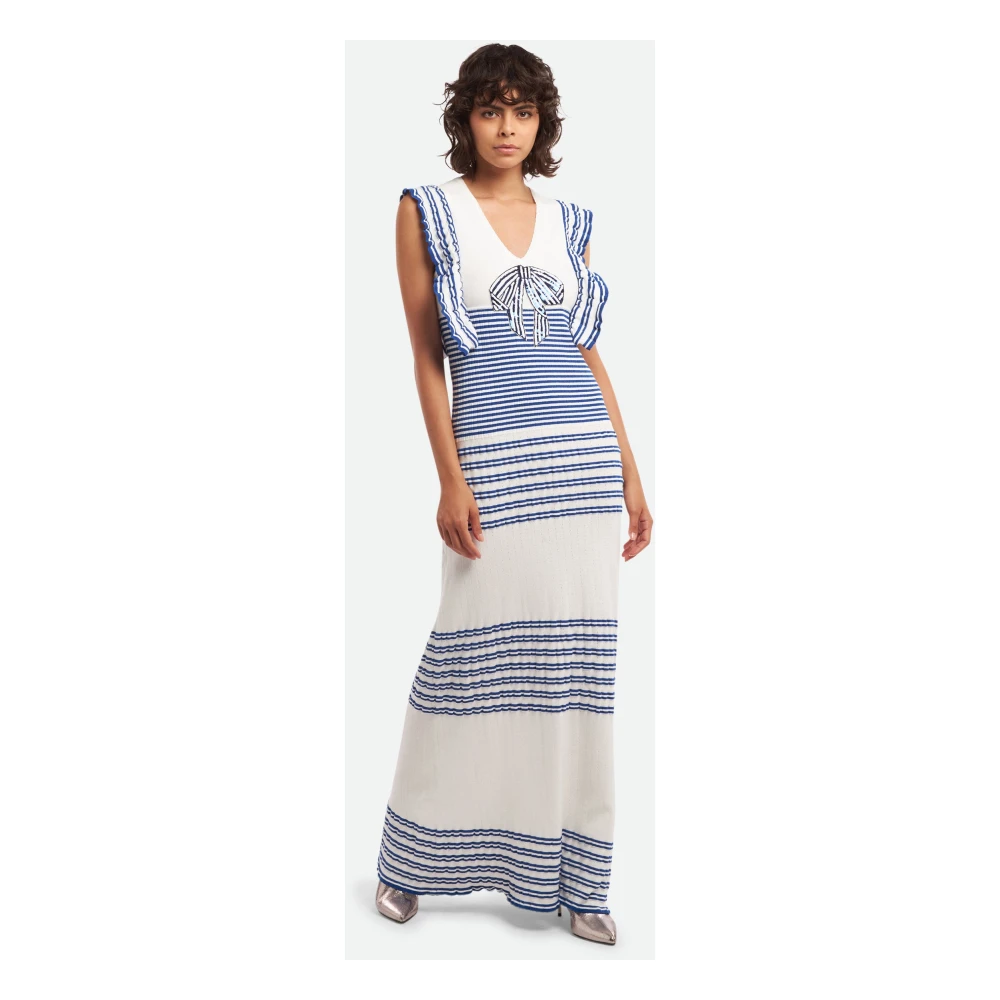 Elisabetta Franchi Blauw Gestreepte Maxi Jurk met Pailletten Strik Blue Dames