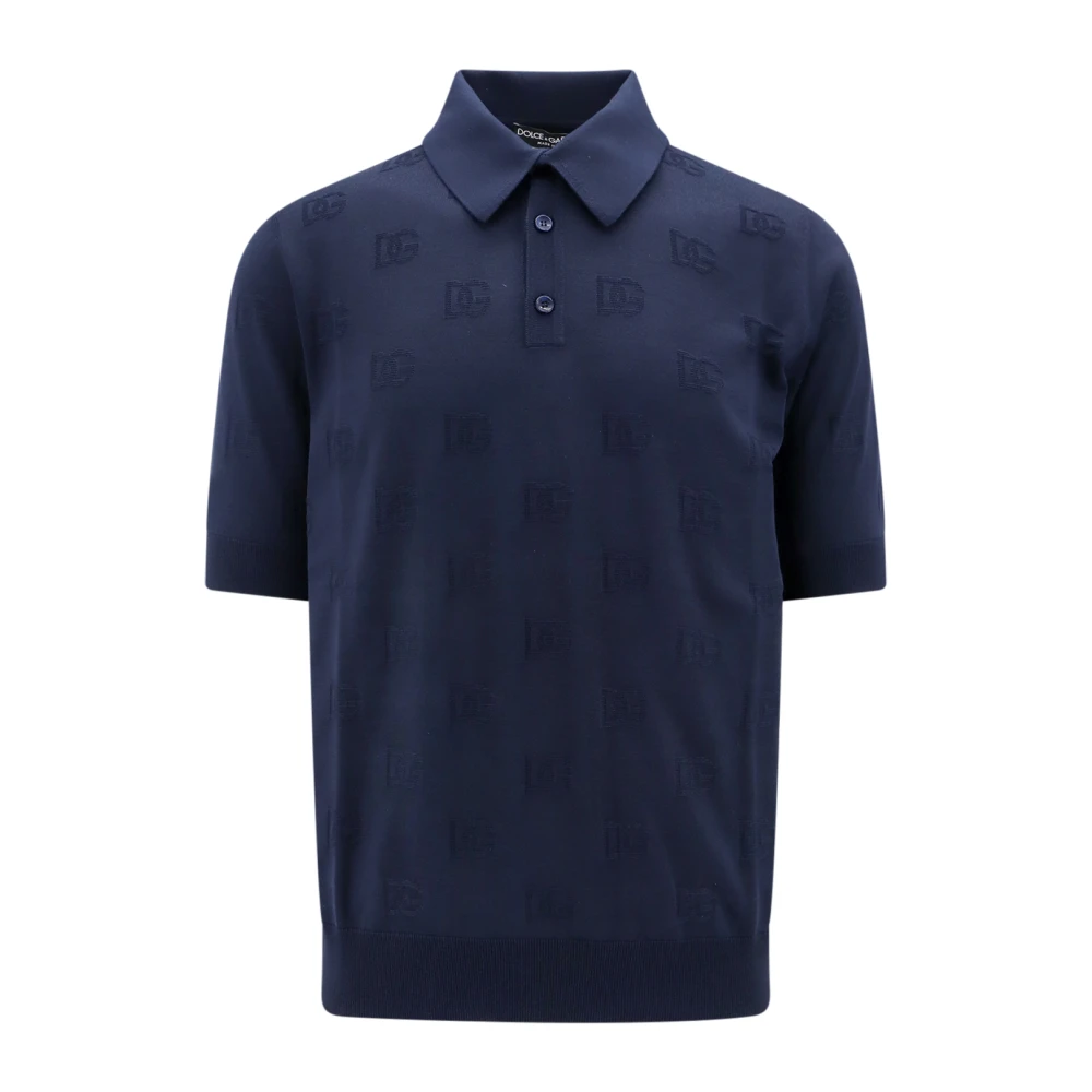 Dolce & Gabbana Zijden Polo Shirt met Allover DG Logo Borduursel Blue Heren