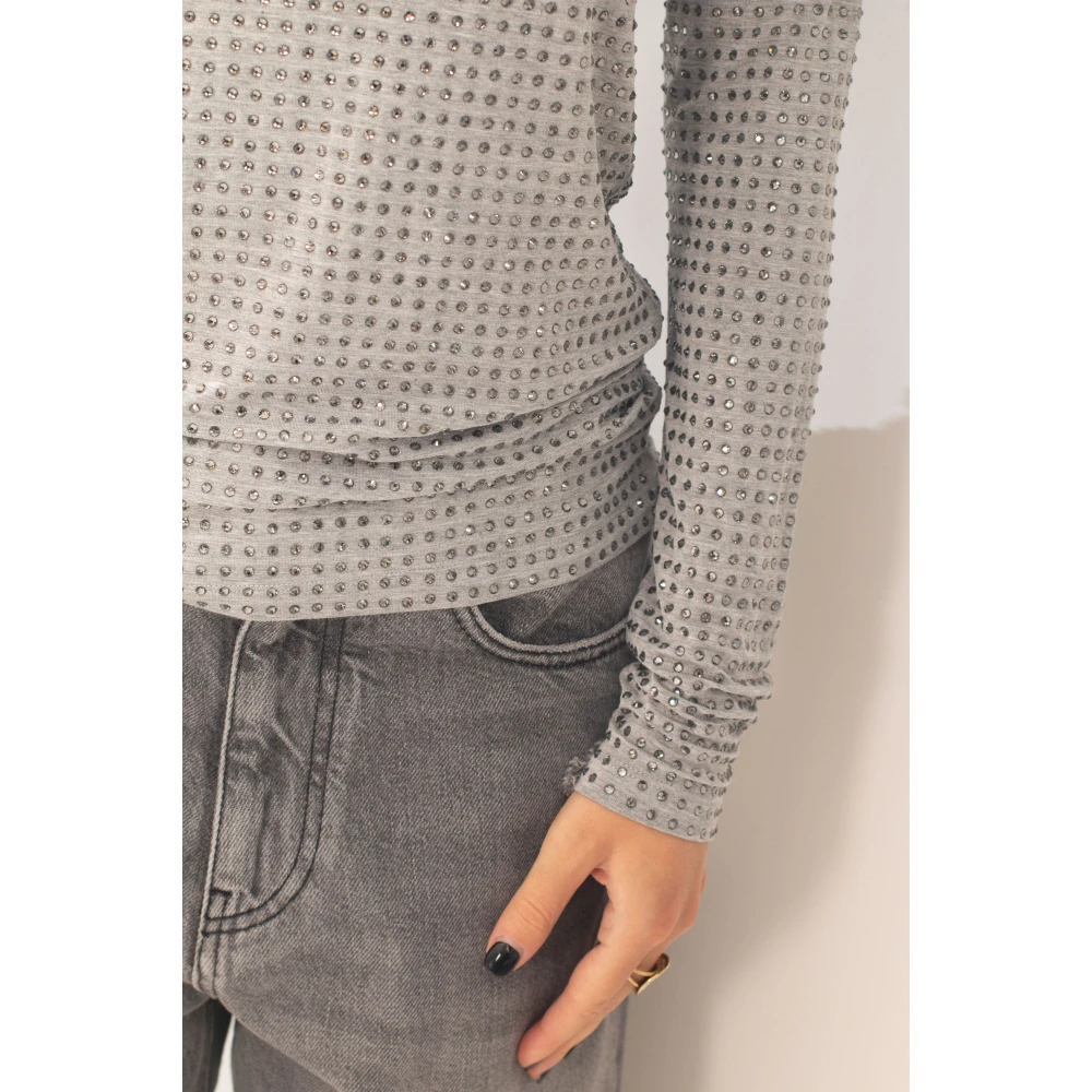 pinko Rhinestones High-Neck Sweater Gray Dames