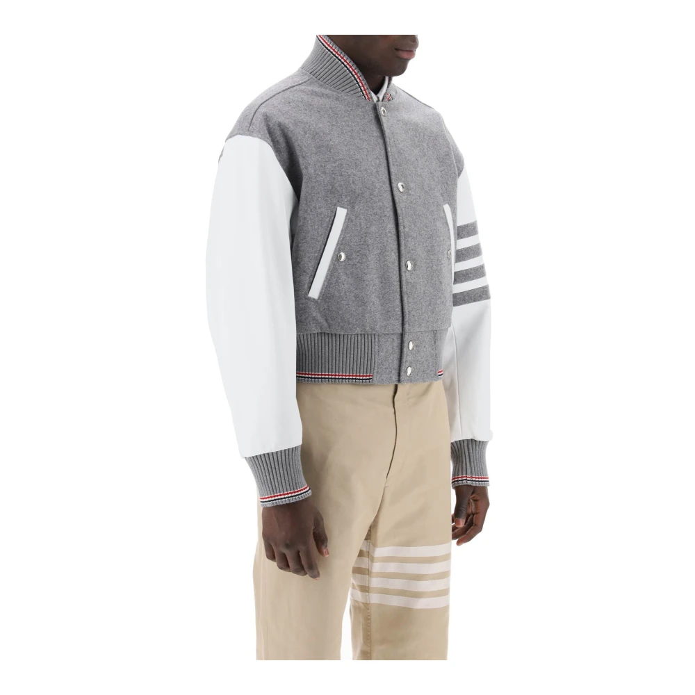 Thom Browne Wollen Bomberjack Leren Mouwen Gray Heren