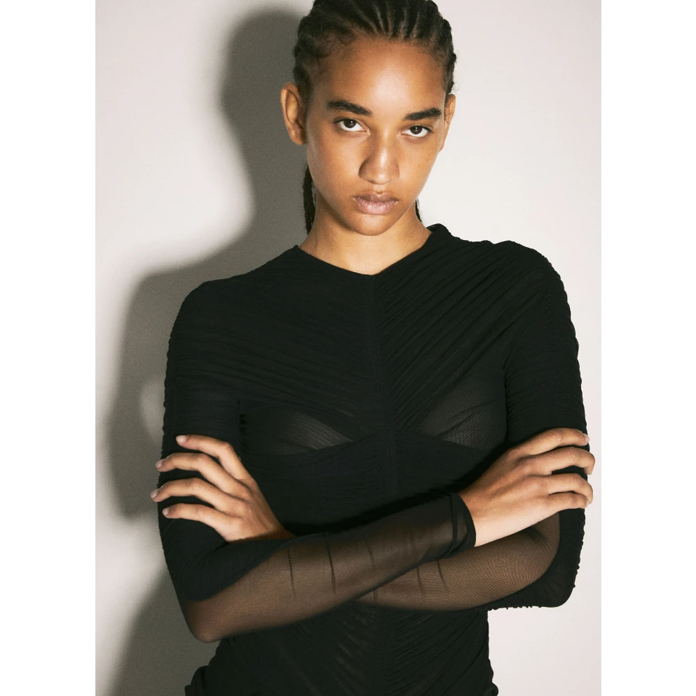 Mugler Geplooide Bodysuit met Lange Mouwen en Semi-Transparant Black Dames