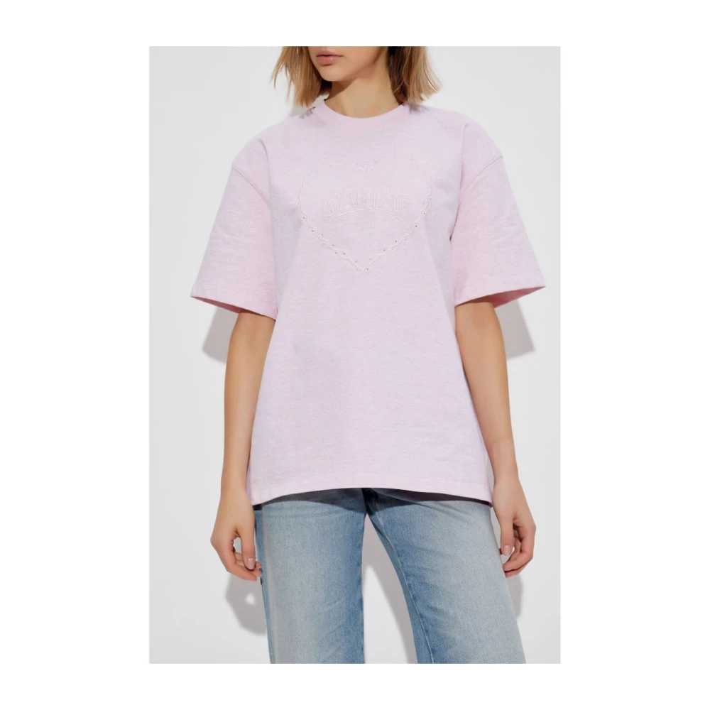 Ganni Hartprint T-shirt voor Schouderstijl Pink Dames