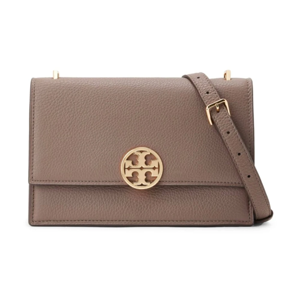 TORY BURCH Gehamerd Leren Schoudertas met Goudkleurig Logo Brown Dames