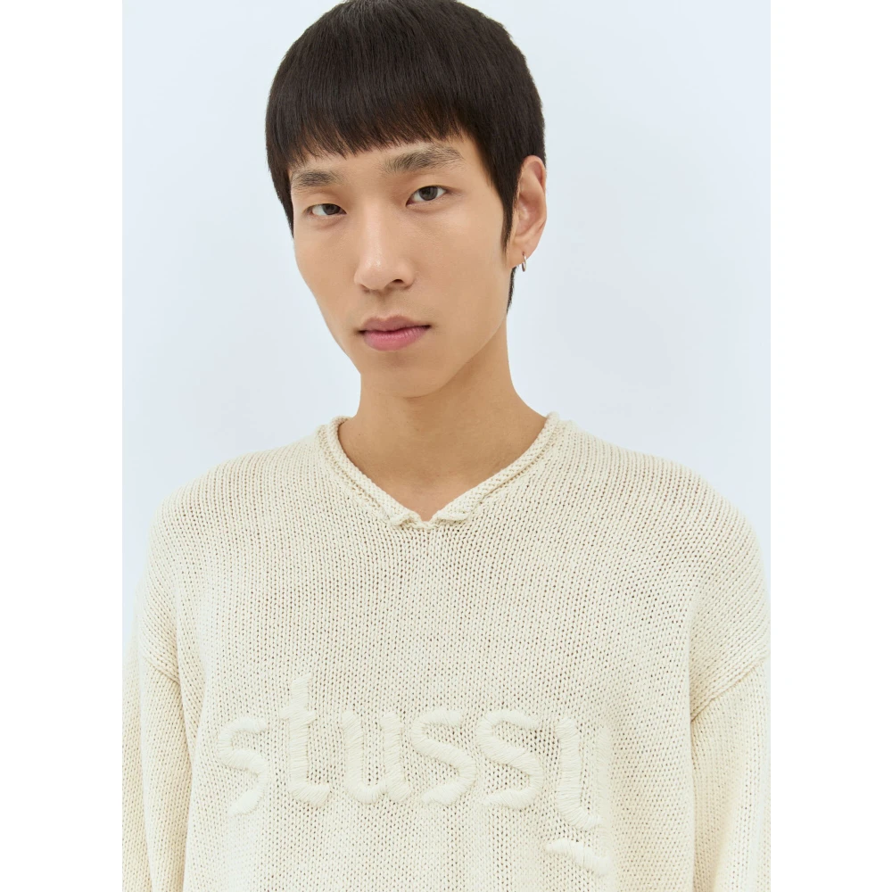 Stüssy Chunky Knit V-Neck Logo Sweater Beige Heren
